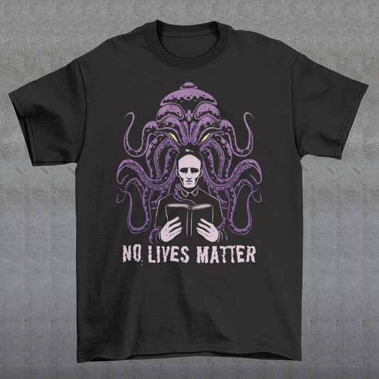 Step into the eerie realm where the ancient cosmic horror, Cthulhu, looms ominously behind a solitary priest, casting a shadow of impending doom. This captivating design captures the essence of Lovecraftian terror, merging the supernatural with the mortal realm. Beneath the chilling imagery, bold text declares a provocative message: NO LIVES MATTER. This enigmatic phrase challenges conventional notions of importance and existence, echoing the nihilistic undertones prevalent in Lovecraftian lore.
