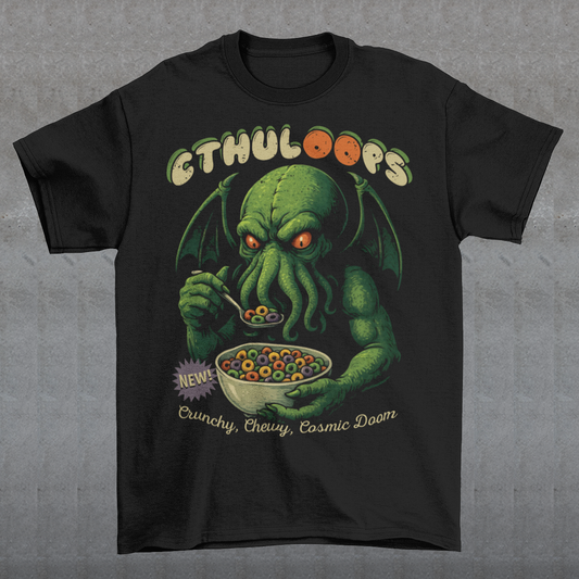Start your mornings with a cosmic crunch! This t-shirt features a playful yet menacing design of Cthulhu casually enjoying a bowl of cereal, with the bold text “CTHULOOPS” splashed across the front. Equal parts creepy and hilarious, it’s a mashup of Lovecraftian horror and Saturday morning cartoons. This shirt is perfect for fans of cosmic horror, quirky humor, and breakfast that drives you mad.