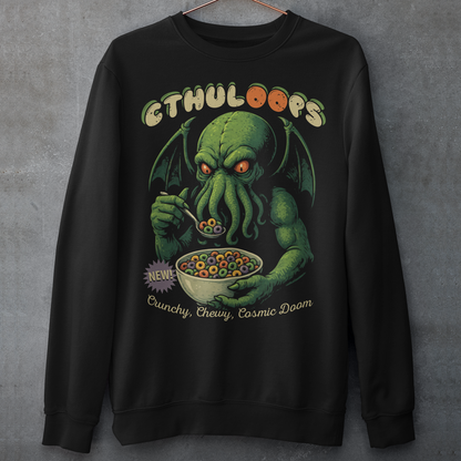 Start your mornings with a cosmic crunch! This sweatshirt features a playful yet menacing design of Cthulhu casually enjoying a bowl of cereal, with the bold text “CTHULOOPS” splashed across the front. Equal parts creepy and hilarious, it’s a mashup of Lovecraftian horror and Saturday morning cartoons. This shirt is perfect for fans of cosmic horror, quirky humor, and breakfast that drives you mad.