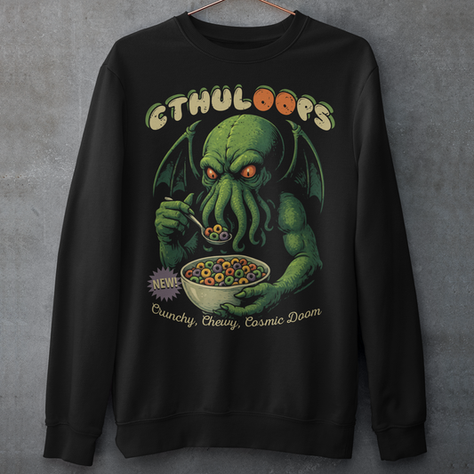 Start your mornings with a cosmic crunch! This sweatshirt features a playful yet menacing design of Cthulhu casually enjoying a bowl of cereal, with the bold text “CTHULOOPS” splashed across the front. Equal parts creepy and hilarious, it’s a mashup of Lovecraftian horror and Saturday morning cartoons. This shirt is perfect for fans of cosmic horror, quirky humor, and breakfast that drives you mad.
