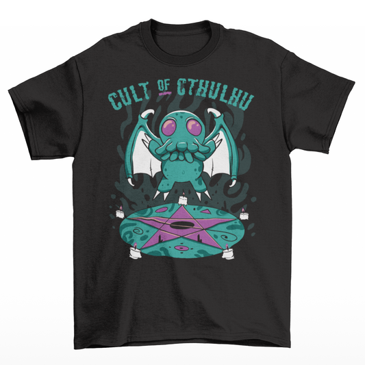 Black t-shirt with a cute Cthulhu on a pentagram with text " CULT OF CTHULHU".