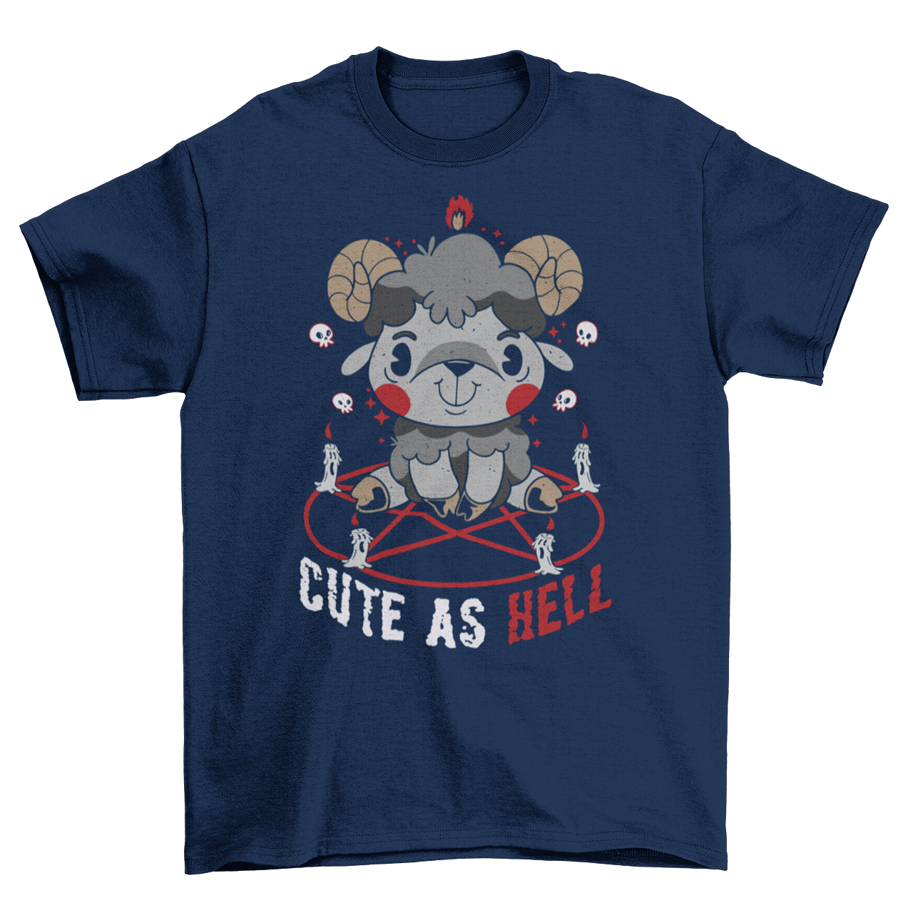 Navy t-shirt with a cute goat sitting on a pentagram with text "CUTE AS HELL".