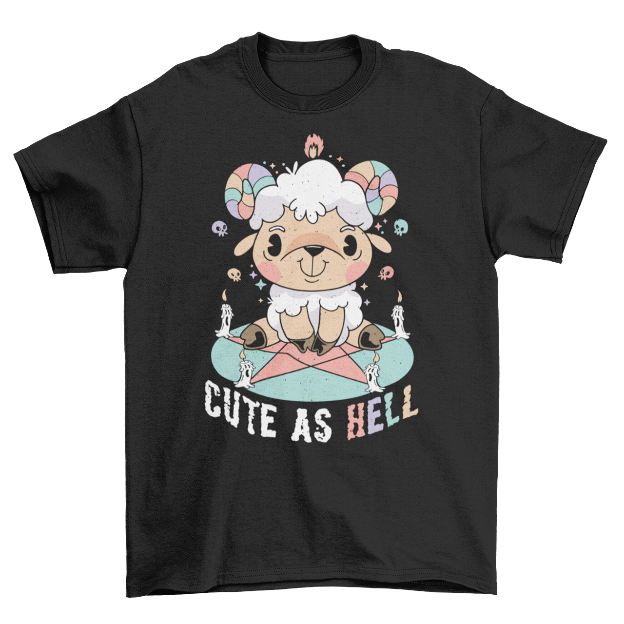 Black t-shirt with a cute goat sitting on a pentagram with text "CUTE AS HELL".