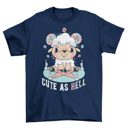 Navy t-shirt with a cute goat sitting on a pentagram with text "CUTE AS HELL".