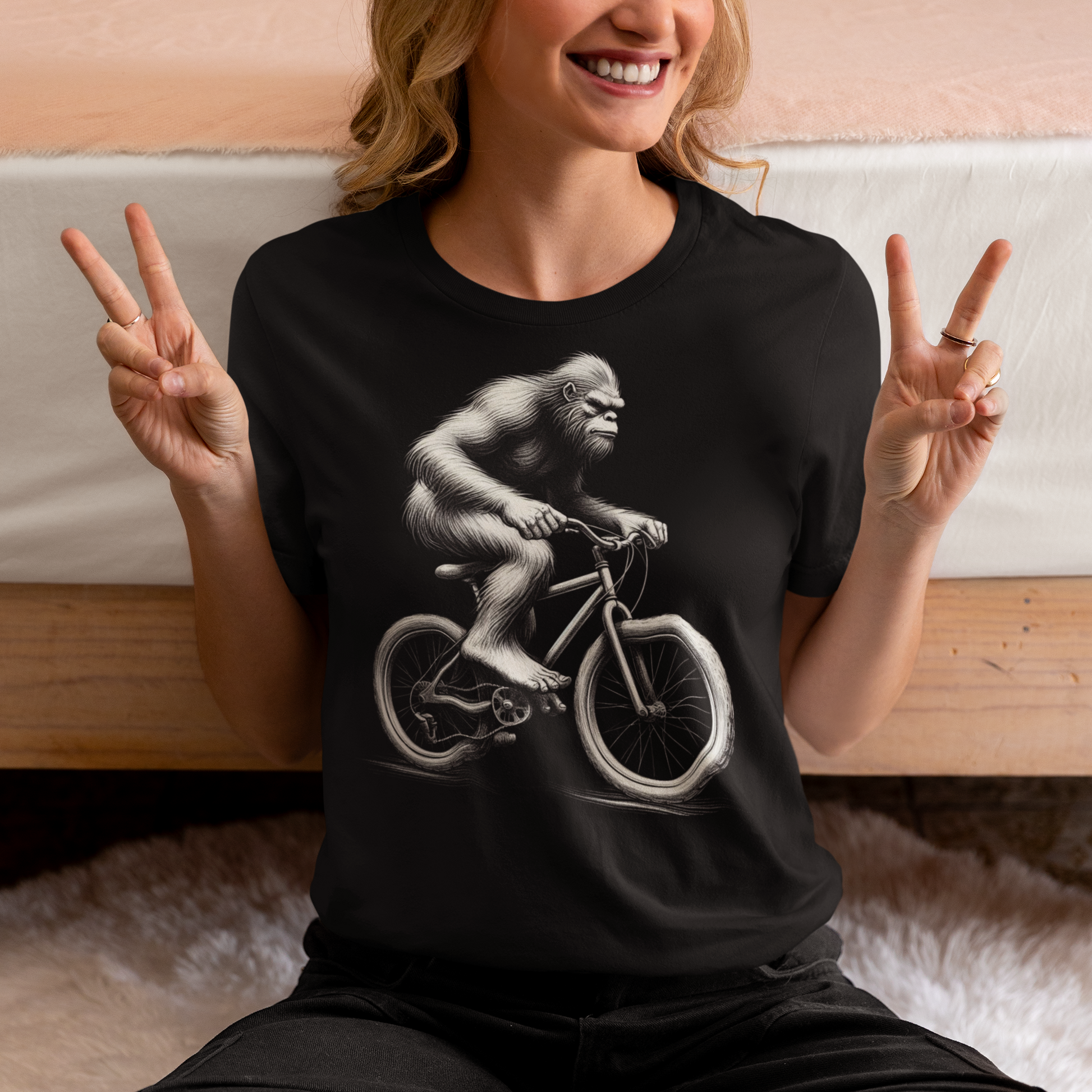 Black t-shirt of Bigfoot cycling a bike.