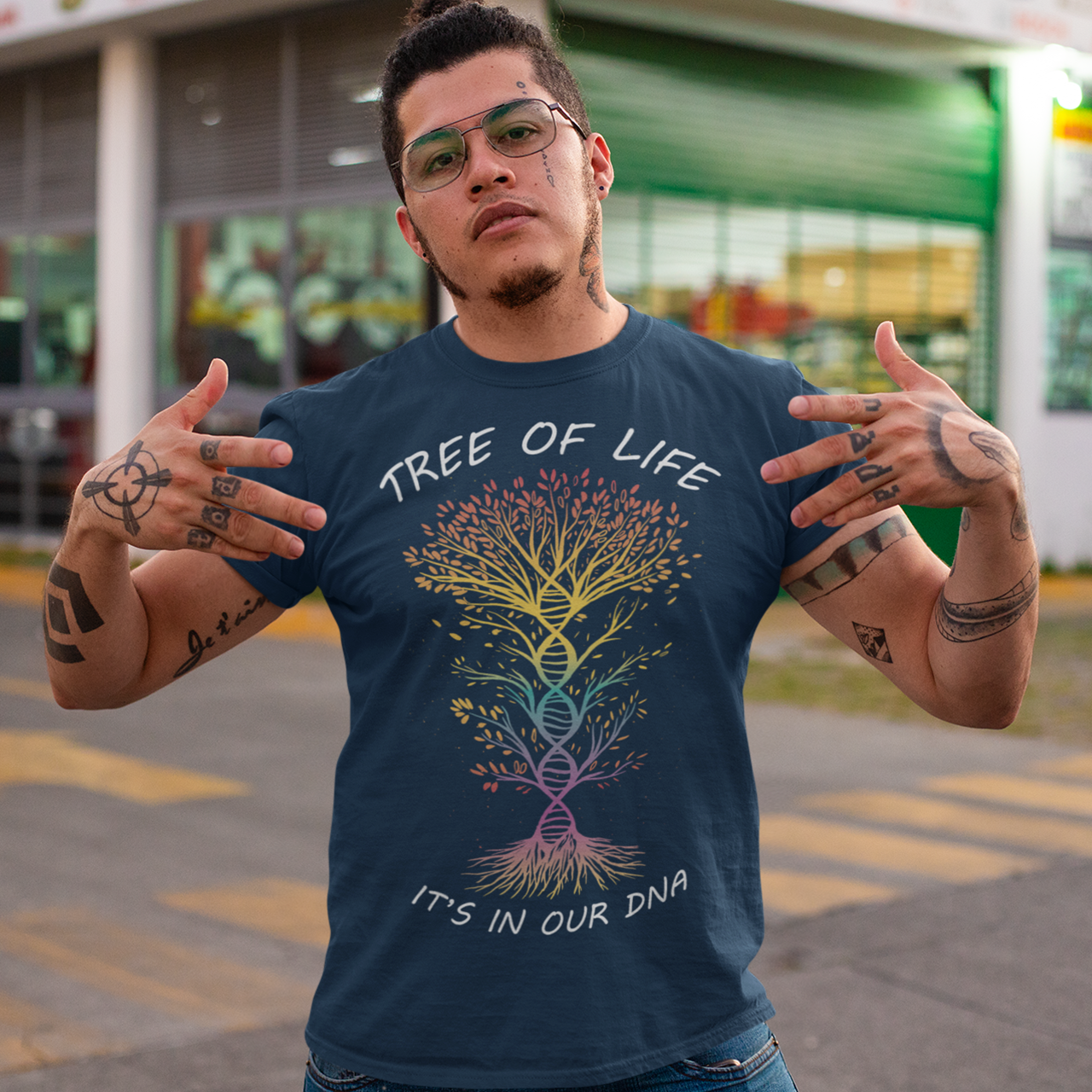 Navy t-shirt of DNA tree of life with text "TREE OF LIFE IT'S IN OUR DNA".