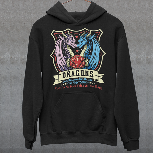 Embrace your inner adventurer with this bold and witty D.R.A.G.O.N.S. Shield Emblem Hoodie. At the heart of the design is a powerful crest-style shield, flanked by a fierce male and female dragon, symbolizing strength, balance, and epic storytelling. Centered within the shield is a classic RPG dice, gleaming with gamer pride. Perfect for tabletop warriors, RPG fans, and those who roll for both initiative and fun.