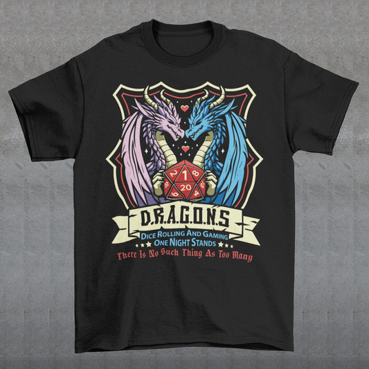 Embrace your inner adventurer with this bold and witty D.R.A.G.O.N.S. Shield Emblem T-Shirt. At the heart of the design is a powerful crest-style shield, flanked by a fierce male and female dragon, symbolizing strength, balance, and epic storytelling. Centered within the shield is a classic RPG dice, gleaming with gamer pride. Perfect for tabletop warriors, RPG fans, and those who roll for both initiative and fun.