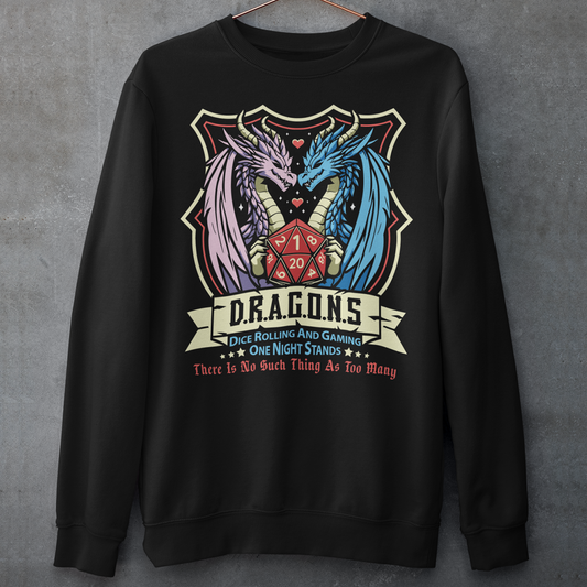 Embrace your inner adventurer with this bold and witty D.R.A.G.O.N.S. Shield Emblem Sweatshirt. At the heart of the design is a powerful crest-style shield, flanked by a fierce male and female dragon, symbolizing strength, balance, and epic storytelling. Centered within the shield is a classic RPG dice, gleaming with gamer pride. Perfect for tabletop warriors, RPG fans, and those who roll for both initiative and fun.