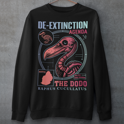 A graphic sweatshirt featuring a stylized illustration of a dodo bird, standing upright with a proud, almost defiant expression. The dodo is depicted in vibrant colors, blending realism with a slightly cartoonish flair. Above the bird, bold, capitalized text reads "DE-EXTINCTION AGENDA" in a futuristic font, suggesting a science fiction or activist tone. The design evokes themes of genetic engineering, conservation, and the revival of extinct species. The shirt is a statement piece with humor.