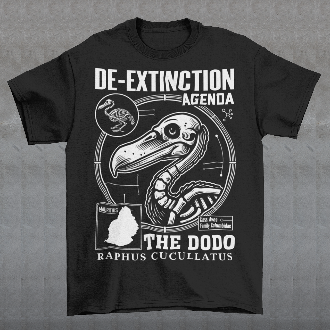A graphic t-shirt featuring a stylized cartoon illustration of a dodo bird standing proudly with a determined expression. Above the dodo, bold, futuristic text reads “DE-EXTINCTION AGENDA.” The design combines retro and sci-fi elements, suggesting a revival or futuristic mission to bring the extinct bird back to life. The shirt uses vibrant colors and dynamic lines to create a playful yet rebellious aesthetic, appealing to fans of science, nature, or quirky fashion.