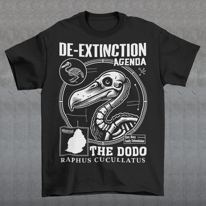 A graphic t-shirt featuring a stylized cartoon illustration of a dodo bird standing proudly with a determined expression. Above the dodo, bold, futuristic text reads “DE-EXTINCTION AGENDA.” The design combines retro and sci-fi elements, suggesting a revival or futuristic mission to bring the extinct bird back to life. The shirt uses vibrant colors and dynamic lines to create a playful yet rebellious aesthetic, appealing to fans of science, nature, or quirky fashion.