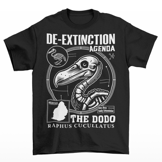 A graphic t-shirt featuring a stylized cartoon illustration of a dodo bird standing proudly with a determined expression. Above the dodo, bold, futuristic text reads “DE-EXTINCTION AGENDA.” The design combines retro and sci-fi elements, suggesting a revival or futuristic mission to bring the extinct bird back to life. The shirt uses vibrant colors and dynamic lines to create a playful yet rebellious aesthetic, appealing to fans of science, nature, or quirky fashion.