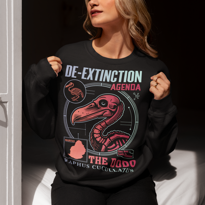 A graphic sweatshirt featuring a stylized illustration of a dodo bird, standing upright with a proud, almost defiant expression. The dodo is depicted in vibrant colors, blending realism with a slightly cartoonish flair. Above the bird, bold, capitalized text reads "DE-EXTINCTION AGENDA" in a futuristic font, suggesting a science fiction or activist tone. The design evokes themes of genetic engineering, conservation, and the revival of extinct species. The shirt is a statement piece with humor.