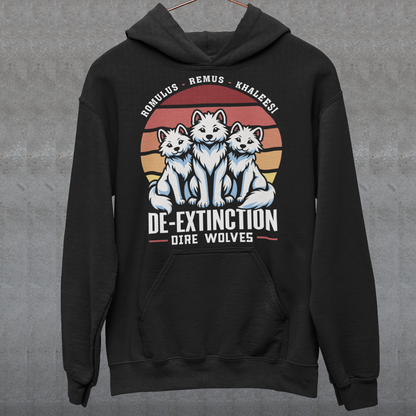 Black hoodie of three Dire Wolves sitting in front of a retro sun with text below DE-EXTINCTION.