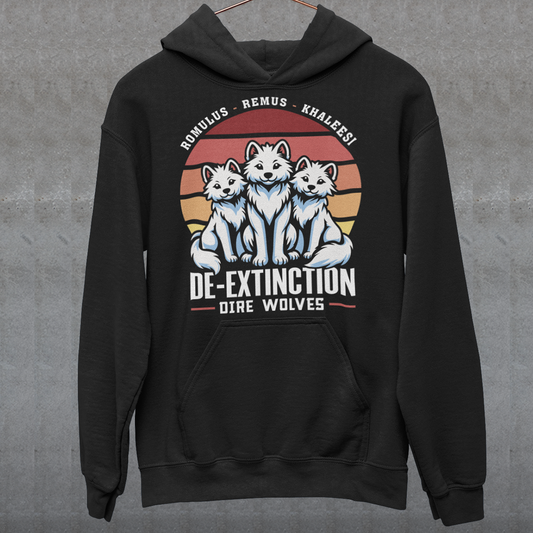 Black hoodie of three Dire Wolves sitting in front of a retro sun with text below DE-EXTINCTION.