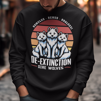 Black sweatshirt of three Dire Wolves sitting in front of a retro sun with text below DE-EXTINCTION.