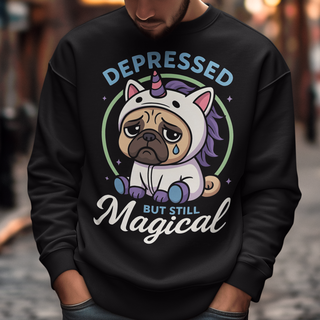 Bring a little humor to your moods with this “Depressed But Still Magical” pug sweatshirt! Featuring an adorable sad pug dressed as a unicorn, this design perfectly blends dark humor and cuteness for anyone who loves sarcastic, relatable vibes. Made for comfort and laughs, it’s ideal for dog lovers, mental health advocates, or anyone who appreciates a touch of magic even on off days. Great as a gift for friends who love pugs, funny shirts, or a reminder that even when life’s ruff — you’re still magical!