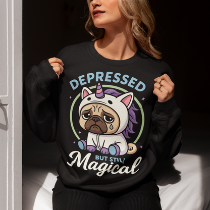 Bring a little humor to your moods with this “Depressed But Still Magical” pug sweatshirt! Featuring an adorable sad pug dressed as a unicorn, this design perfectly blends dark humor and cuteness for anyone who loves sarcastic, relatable vibes. Made for comfort and laughs, it’s ideal for dog lovers, mental health advocates, or anyone who appreciates a touch of magic even on off days. Great as a gift for friends who love pugs, funny shirts, or a reminder that even when life’s ruff — you’re still magical!