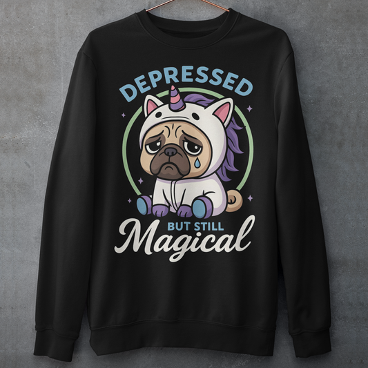 Bring a little humor to your moods with this “Depressed But Still Magical” pug sweatshirt! Featuring an adorable sad pug dressed as a unicorn, this design perfectly blends dark humor and cuteness for anyone who loves sarcastic, relatable vibes. Made for comfort and laughs, it’s ideal for dog lovers, mental health advocates, or anyone who appreciates a touch of magic even on off days. Great as a gift for friends who love pugs, funny shirts, or a reminder that even when life’s ruff — you’re still magical!