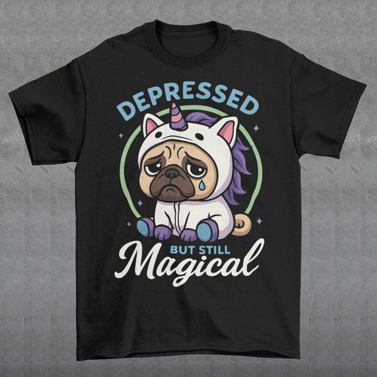 Bring a little humor to your moods with this “Depressed But Still Magical” pug t-shirt! Featuring an adorable sad pug dressed as a unicorn, this design perfectly blends dark humor and cuteness for anyone who loves sarcastic, relatable vibes. Made for comfort and laughs, it’s ideal for dog lovers, mental health advocates, or anyone who appreciates a touch of magic even on off days. Great as a gift for friends who love pugs, funny shirts, or a reminder that even when life’s ruff — you’re still magical!