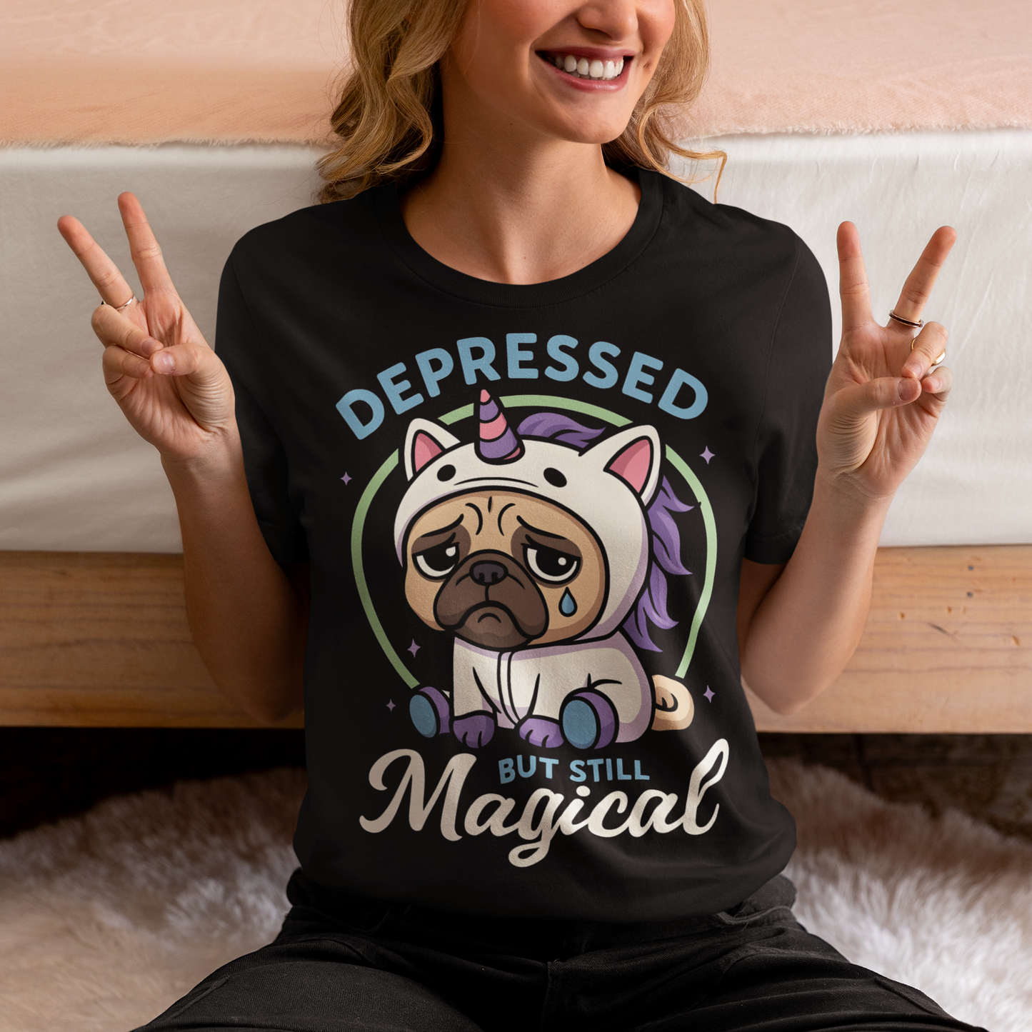 Bring a little humor to your moods with this “Depressed But Still Magical” pug t-shirt! Featuring an adorable sad pug dressed as a unicorn, this design perfectly blends dark humor and cuteness for anyone who loves sarcastic, relatable vibes. Made for comfort and laughs, it’s ideal for dog lovers, mental health advocates, or anyone who appreciates a touch of magic even on off days. Great as a gift for friends who love pugs, funny shirts, or a reminder that even when life’s ruff — you’re still magical!