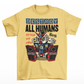 Yellow t-shirt of a sleepy robot with text above  "DESTROY ALL HUMANS AFTER MY NAP".