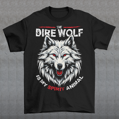 This t-shirt features a striking design of a Dire Wolf head, capturing the fierce and majestic essence of this legendary creature. The detailed illustration showcases the wolf's piercing eyes and powerful jaws, evoking a sense of strength and wild intensity.