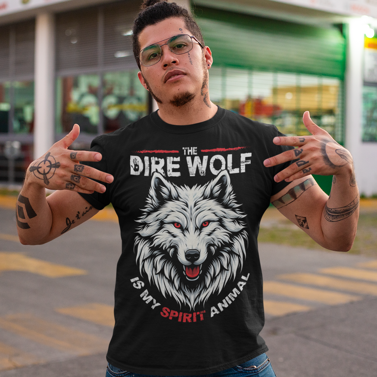 Black t-shirt of a Dire Wolf head with text "THE DIRE WOLF IS MY SPIRIT ANIMAL".