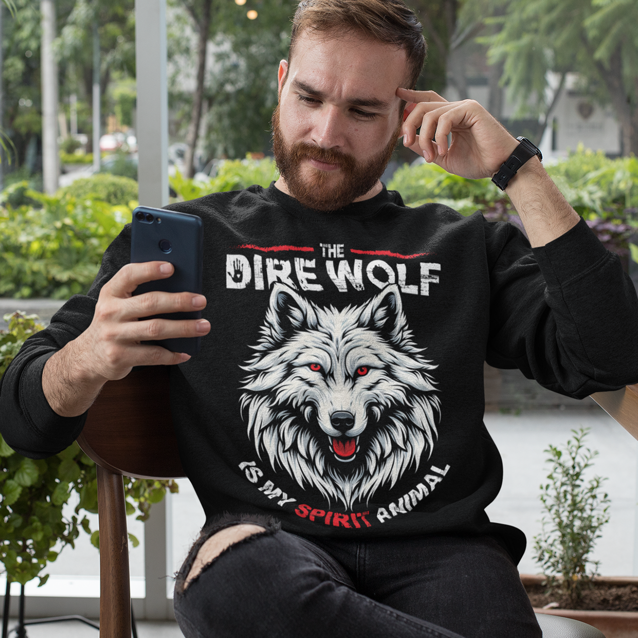 Black sweatshirt of a Dire Wolf head with text "THE DIRE WOLF IS MY SPIRIT ANIMAL".