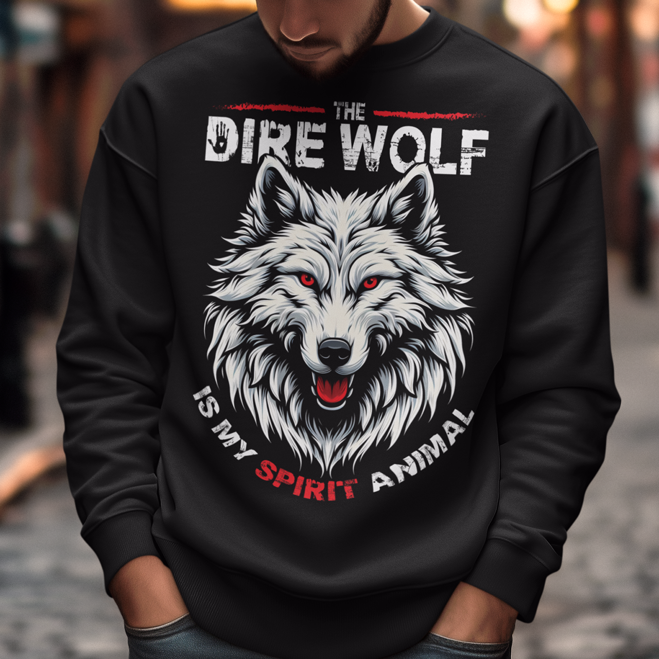 Black sweatshirt of a Dire Wolf head with text "THE DIRE WOLF IS MY SPIRIT ANIMAL".