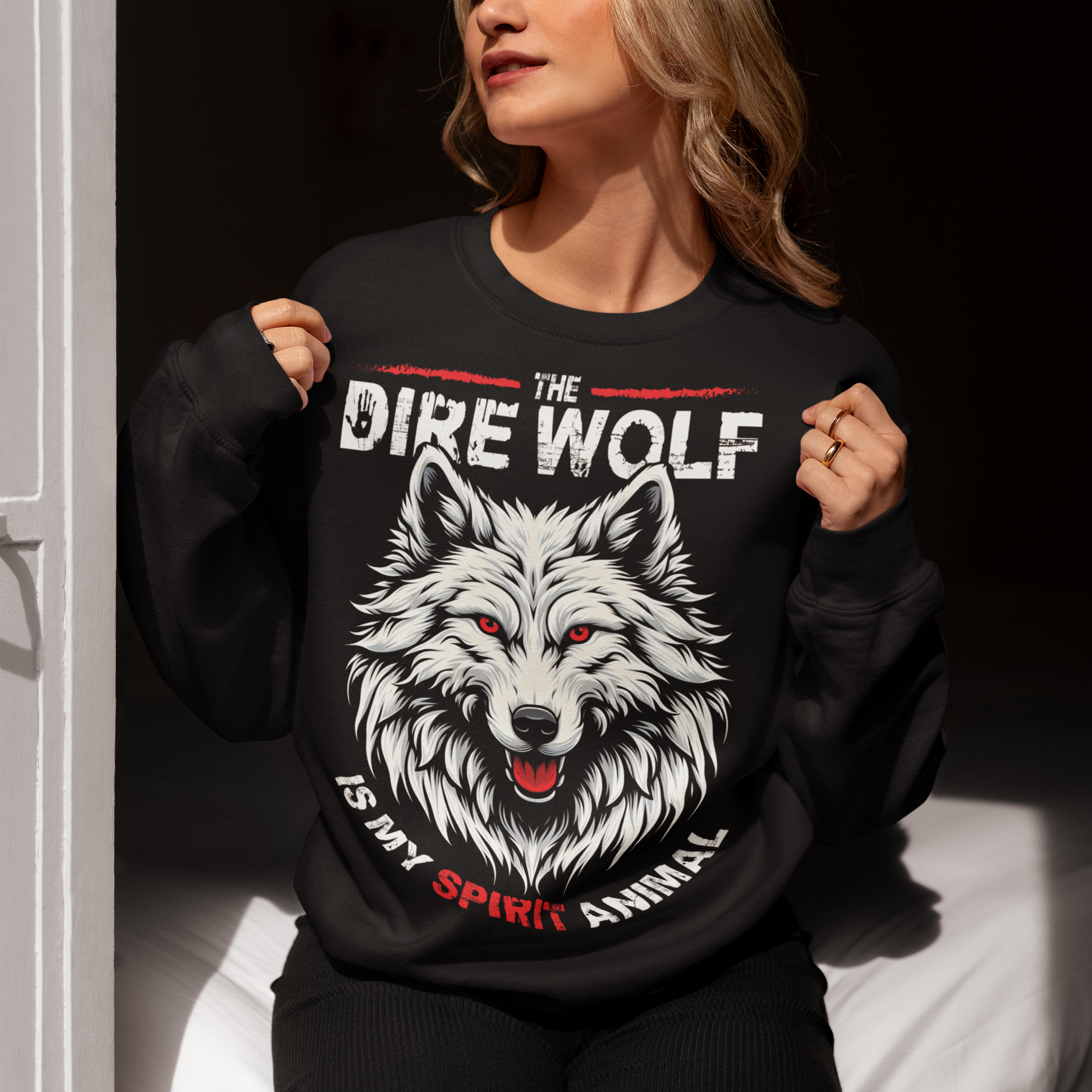 Black sweatshirt of a Dire Wolf head with text "THE DIRE WOLF IS MY SPIRIT ANIMAL".