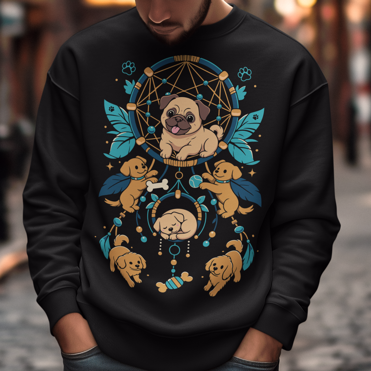 Black sweatshirt featuring a colorful boho dog dreamcatcher design filled with adorable pug puppies. The artwork includes a central pug surrounded by smaller dogs, feathers, beads, paw prints, dog bones, and a sleeping puppy, creating a playful and whimsical pet-themed graphic. Perfect for pug lovers, dog moms, puppy enthusiasts, and fans of cute bohemian dog apparel.