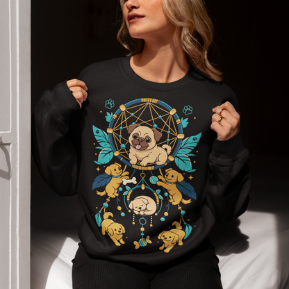Black sweatshirt featuring a colorful boho dog dreamcatcher design filled with adorable pug puppies. The artwork includes a central pug surrounded by smaller dogs, feathers, beads, paw prints, dog bones, and a sleeping puppy, creating a playful and whimsical pet-themed graphic. Perfect for pug lovers, dog moms, puppy enthusiasts, and fans of cute bohemian dog apparel.