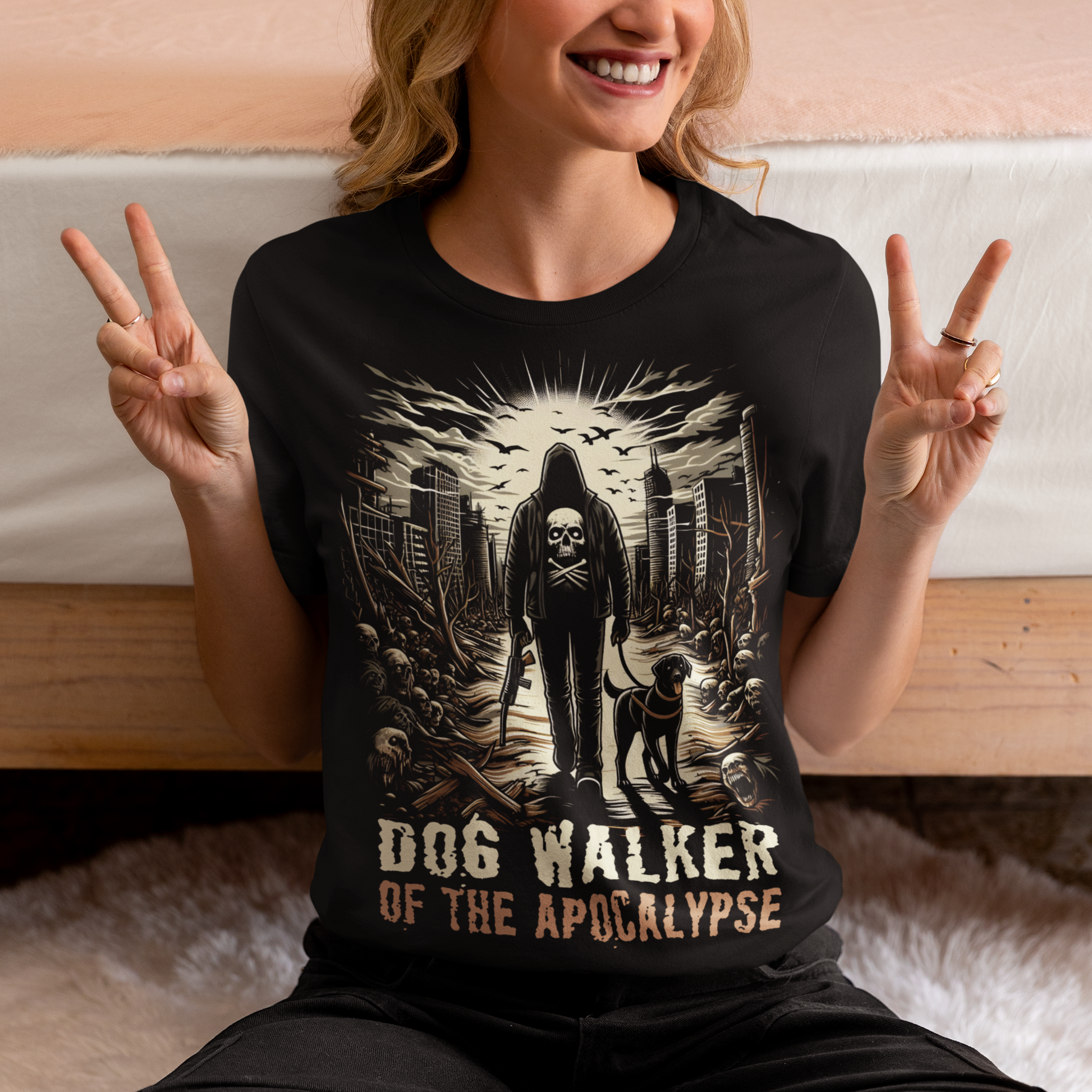 Black t-shirt of a hooded person walking a dog in the apocalypse with text below DOG WALKER OF THE APOCALYPSE.