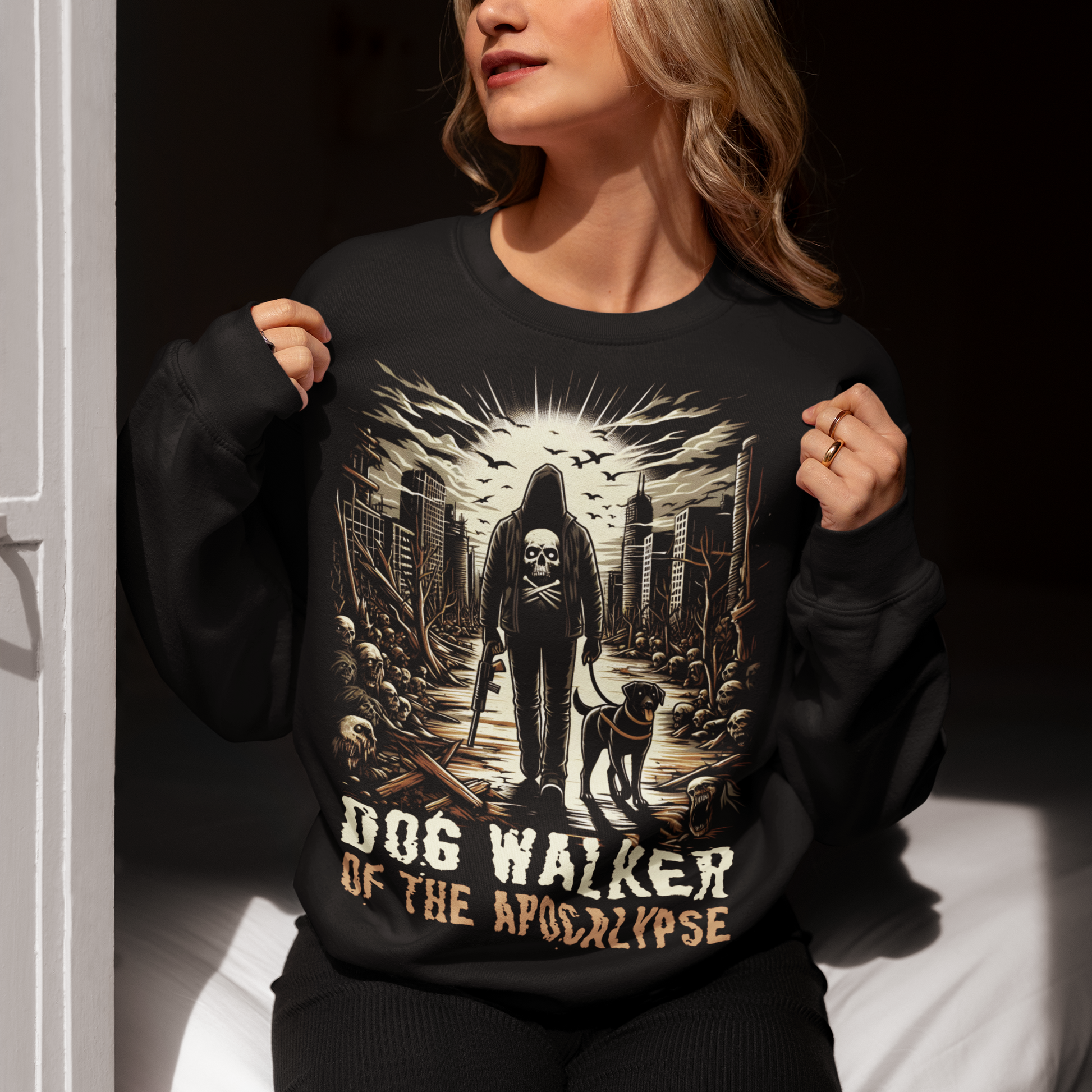 Black sweatshirt of a hooded person walking a dog in the apocalypse with text below DOG WALKER OF THE APOCALYPSE.