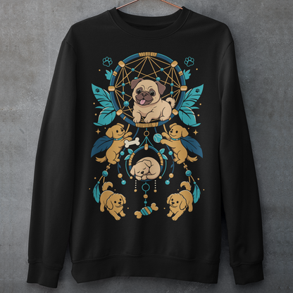 Black sweatshirt featuring a colorful boho dog dreamcatcher design filled with adorable pug puppies. The artwork includes a central pug surrounded by smaller dogs, feathers, beads, paw prints, dog bones, and a sleeping puppy, creating a playful and whimsical pet-themed graphic. Perfect for pug lovers, dog moms, puppy enthusiasts, and fans of cute bohemian dog apparel.