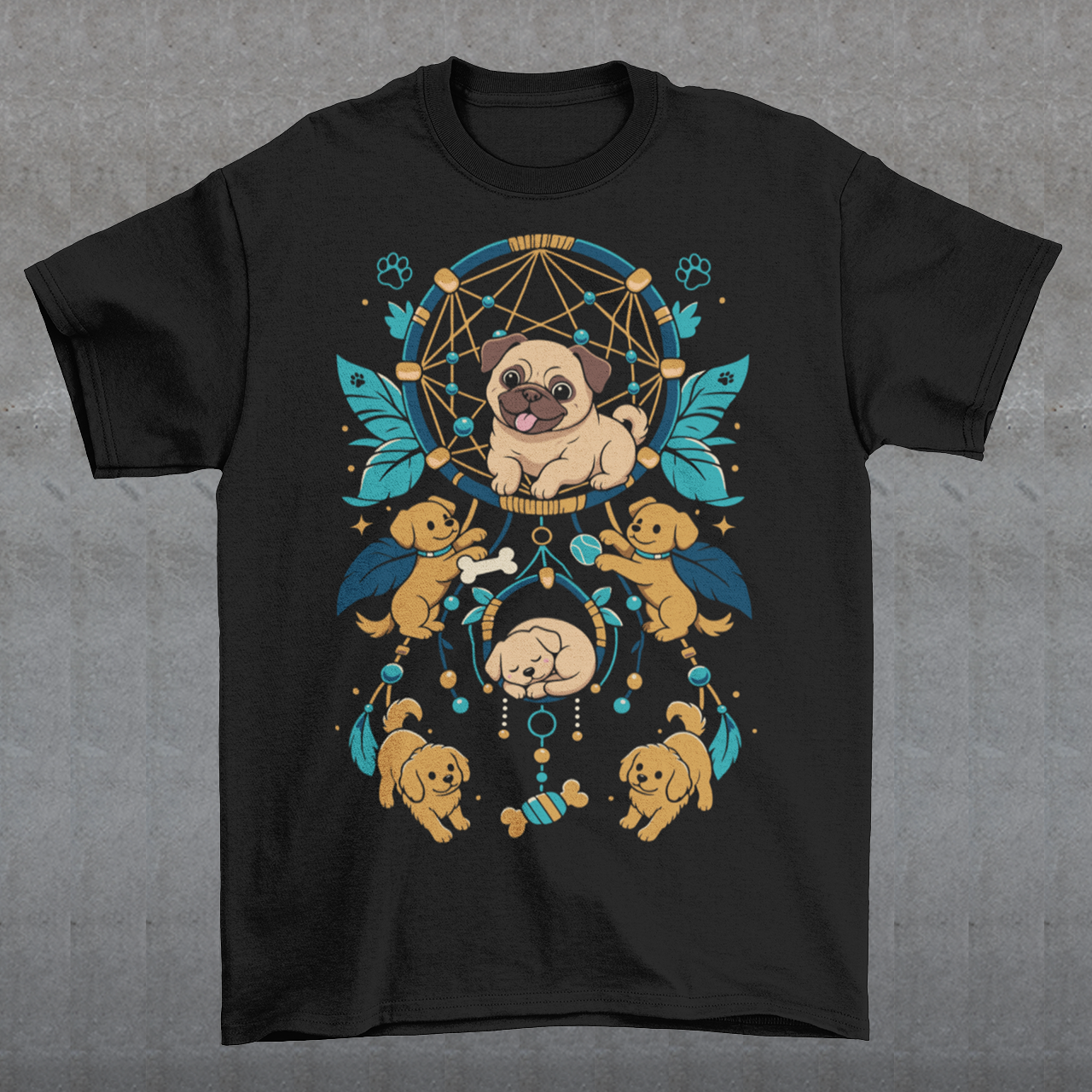 Black t-shirt featuring a colorful boho dog dream catcher design filled with adorable pug puppies. The artwork includes a central pug surrounded by smaller dogs, feathers, beads, paw prints, dog bones, and a sleeping puppy, creating a playful and whimsical pet-themed graphic. Perfect for pug lovers, dog moms, puppy enthusiasts, and fans of cute bohemian dog apparel.