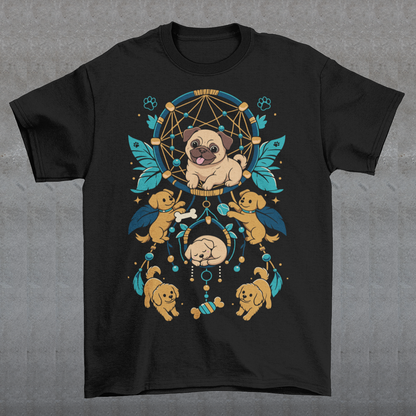 Black t-shirt featuring a colorful boho dog dream catcher design filled with adorable pug puppies. The artwork includes a central pug surrounded by smaller dogs, feathers, beads, paw prints, dog bones, and a sleeping puppy, creating a playful and whimsical pet-themed graphic. Perfect for pug lovers, dog moms, puppy enthusiasts, and fans of cute bohemian dog apparel.