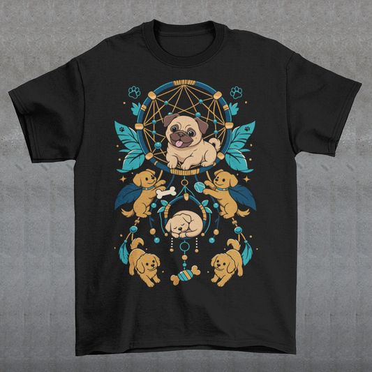Black t-shirt featuring a colorful boho dog dream catcher design filled with adorable pug puppies. The artwork includes a central pug surrounded by smaller dogs, feathers, beads, paw prints, dog bones, and a sleeping puppy, creating a playful and whimsical pet-themed graphic. Perfect for pug lovers, dog moms, puppy enthusiasts, and fans of cute bohemian dog apparel.