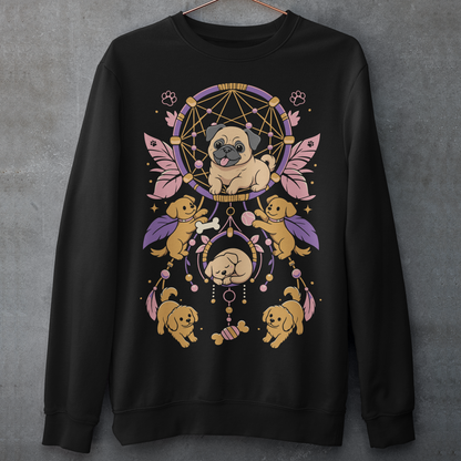 Black sweatshirt featuring a colorful boho dog dreamcatcher design filled with adorable pug puppies. The artwork includes a central pug surrounded by smaller dogs, feathers, beads, paw prints, dog bones, and a sleeping puppy, creating a playful and whimsical pet-themed graphic. Perfect for pug lovers, dog moms, puppy enthusiasts, and fans of cute bohemian dog apparel.
