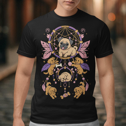 Black t-shirt featuring a colorful boho dog dream catcher design filled with adorable pug puppies. The artwork includes a central pug surrounded by smaller dogs, feathers, beads, paw prints, dog bones, and a sleeping puppy, creating a playful and whimsical pet-themed graphic. Perfect for pug lovers, dog moms, puppy enthusiasts, and fans of cute bohemian dog apparel.