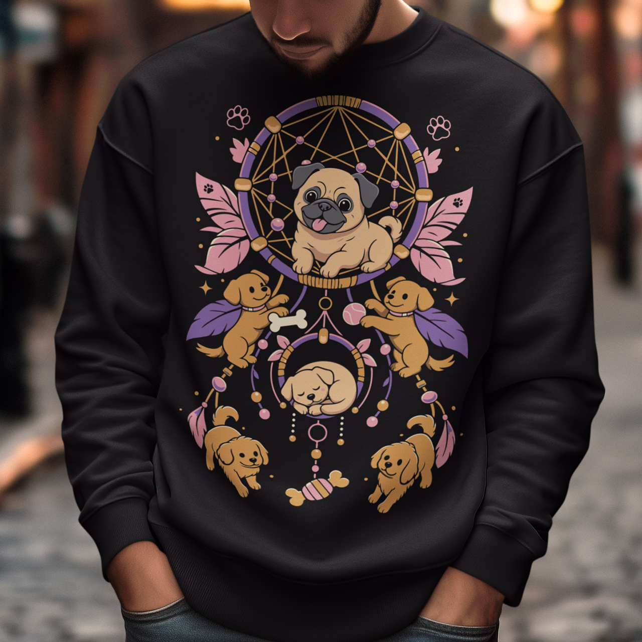 Black sweatshirt featuring a colorful boho dog dreamcatcher design filled with adorable pug puppies. The artwork includes a central pug surrounded by smaller dogs, feathers, beads, paw prints, dog bones, and a sleeping puppy, creating a playful and whimsical pet-themed graphic. Perfect for pug lovers, dog moms, puppy enthusiasts, and fans of cute bohemian dog apparel.