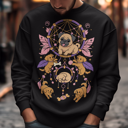 Black sweatshirt featuring a colorful boho dog dreamcatcher design filled with adorable pug puppies. The artwork includes a central pug surrounded by smaller dogs, feathers, beads, paw prints, dog bones, and a sleeping puppy, creating a playful and whimsical pet-themed graphic. Perfect for pug lovers, dog moms, puppy enthusiasts, and fans of cute bohemian dog apparel.
