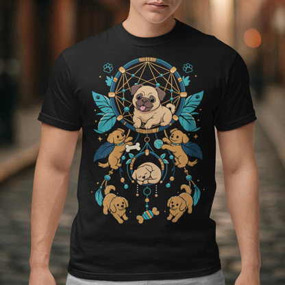Black t-shirt featuring a colorful boho dog dream catcher design filled with adorable pug puppies. The artwork includes a central pug surrounded by smaller dogs, feathers, beads, paw prints, dog bones, and a sleeping puppy, creating a playful and whimsical pet-themed graphic. Perfect for pug lovers, dog moms, puppy enthusiasts, and fans of cute bohemian dog apparel.