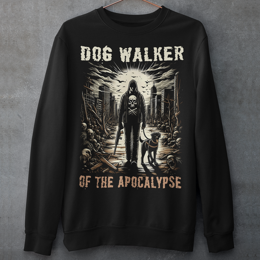 Embrace the end times with our "Dog Walker of the Apocalypse" Sweatshirt. This striking design features a hooded figure walking a loyal dog through a desolate, post-apocalyptic landscape. The dark, atmospheric imagery captures the rugged survival spirit, making it a perfect fit for those who thrive in chaos. Below the compelling artwork, bold text declares your fearless status: "DOG WALKER OF THE APOCALYPSE."