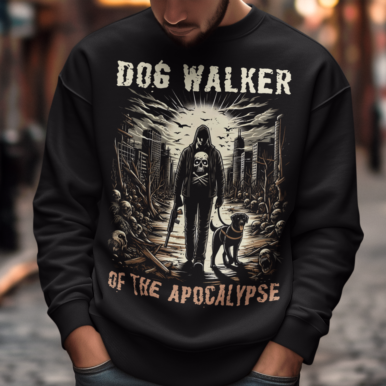 Embrace the end times with our "Dog Walker of the Apocalypse" Sweatshirt. This striking design features a hooded figure walking a loyal dog through a desolate, post-apocalyptic landscape. The dark, atmospheric imagery captures the rugged survival spirit, making it a perfect fit for those who thrive in chaos. Below the compelling artwork, bold text declares your fearless status: "DOG WALKER OF THE APOCALYPSE."