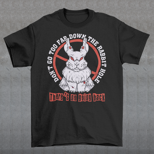 Introducing our captivating t-shirt design that captures the essence of curiosity and caution: the "Don't Go Too Far Down the Rabbit Hole" design. This captivating artwork portrays a charming rabbit standing confidently in front of a bold censor sign, creating a visually striking and thought-provoking composition. At the forefront of the design, a lively and endearing rabbit stands with an air of curiosity.