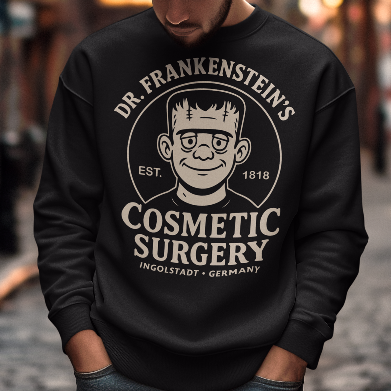 Bring classic horror and dark humor together with our Dr. Frankenstein’s Cosmetic Surgery sweatshirt — a cozy, retro-style design featuring a cartoonish Frankenstein’s monster and vintage badge artwork. Perfect for fans of classic monsters, gothic aesthetics, and clever parody, this shirt delivers comfy warmth with a bold, tongue-in-cheek twist. Whether you’re dressing for spooky season, horror-themed events, or just love unique graphic apparel, this shirt makes an eye-catching statement.