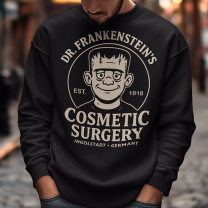 Bring classic horror and dark humor together with our Dr. Frankenstein’s Cosmetic Surgery sweatshirt — a cozy, retro-style design featuring a cartoonish Frankenstein’s monster and vintage badge artwork. Perfect for fans of classic monsters, gothic aesthetics, and clever parody, this shirt delivers comfy warmth with a bold, tongue-in-cheek twist. Whether you’re dressing for spooky season, horror-themed events, or just love unique graphic apparel, this shirt makes an eye-catching statement.